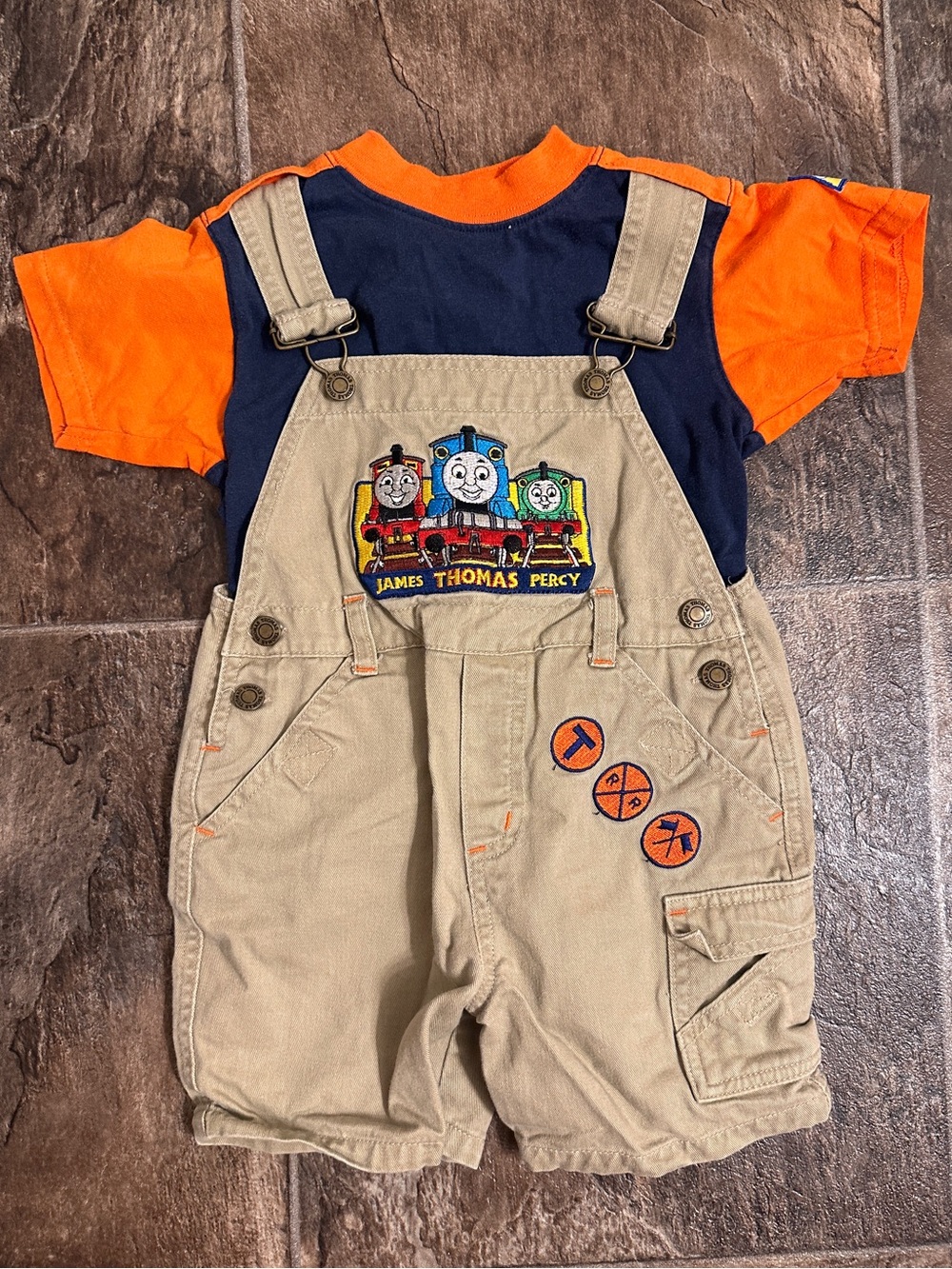 Vintage Y2K Thomas & Friends Toddler Overalls Set Orange Blue Khaki Size 2T